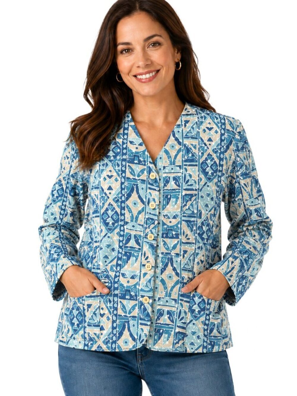 Vintage L.L. Bean Teal Blue Tan Print Blazer